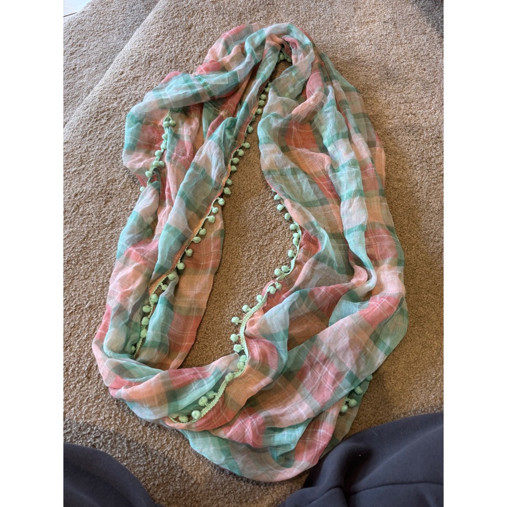 Rue21 Womens Infinity Scarf Plaid Pink Green Pom Pom Trim Lightweight NWT